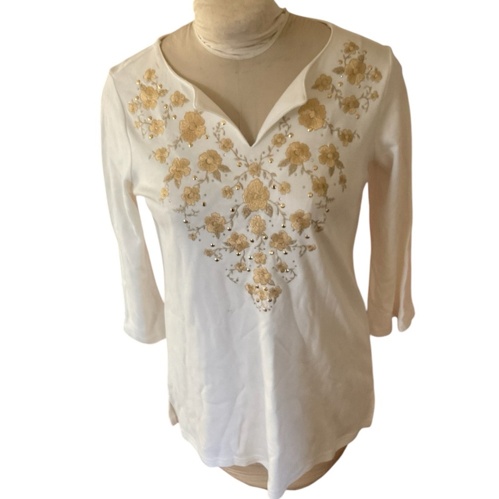 Quacker Factory White Top with Gold Floral Embroidery
